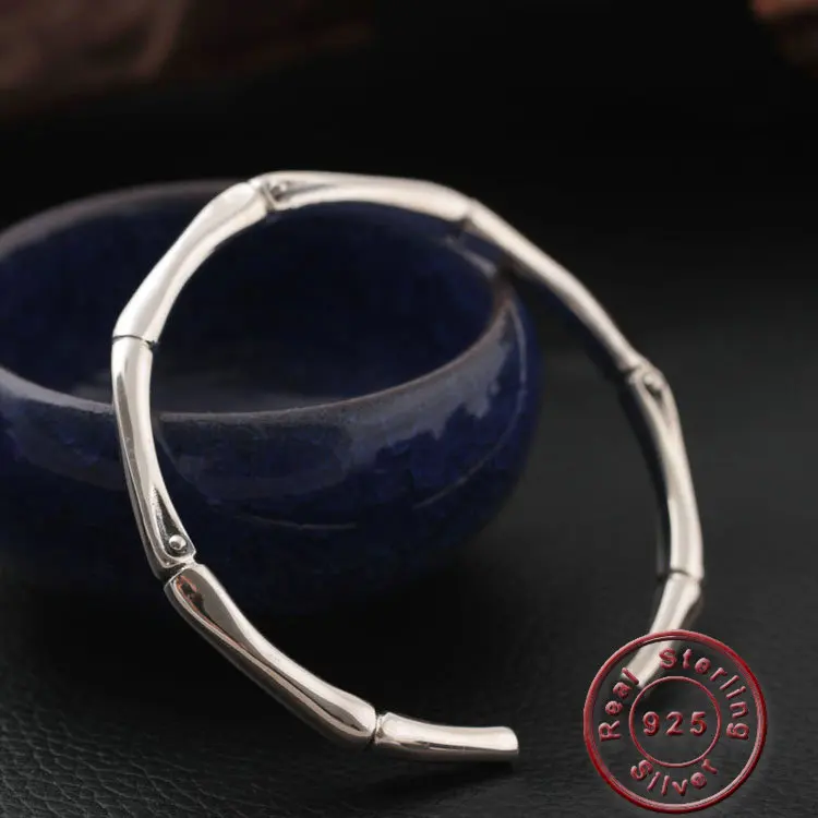 Amxiu Vintage 925 Sterling Silver Bangle Adjustable Open Bangles Handmade Bamboo Bracelets Bangles For Women Girls Accessories