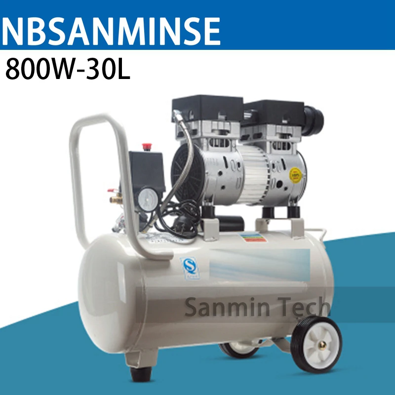 

800W - 30L Mini Air Compressor Oilless High Pressure Mute Design Wood Working Home Application AC220V High Quality Sanmin