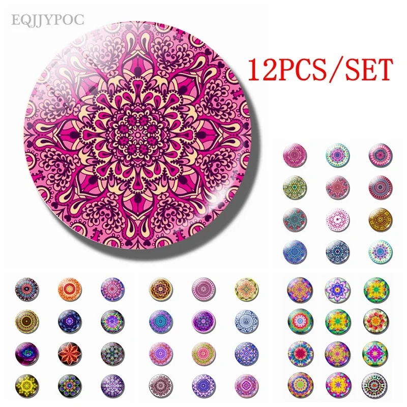 

Mandala Crystal Fridge Magnets Set 30mm Magnetic Stickers for Refrigerator Decoration Buddhism Yoga Totem Home Decoration 12PCS