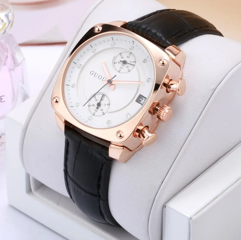 

2022 Fashion Guou Brand Watch Luxury Crystal Rose Gold Women Genuine Leather Ladies Auto Date Lady Hour Clock Relogio Feminino