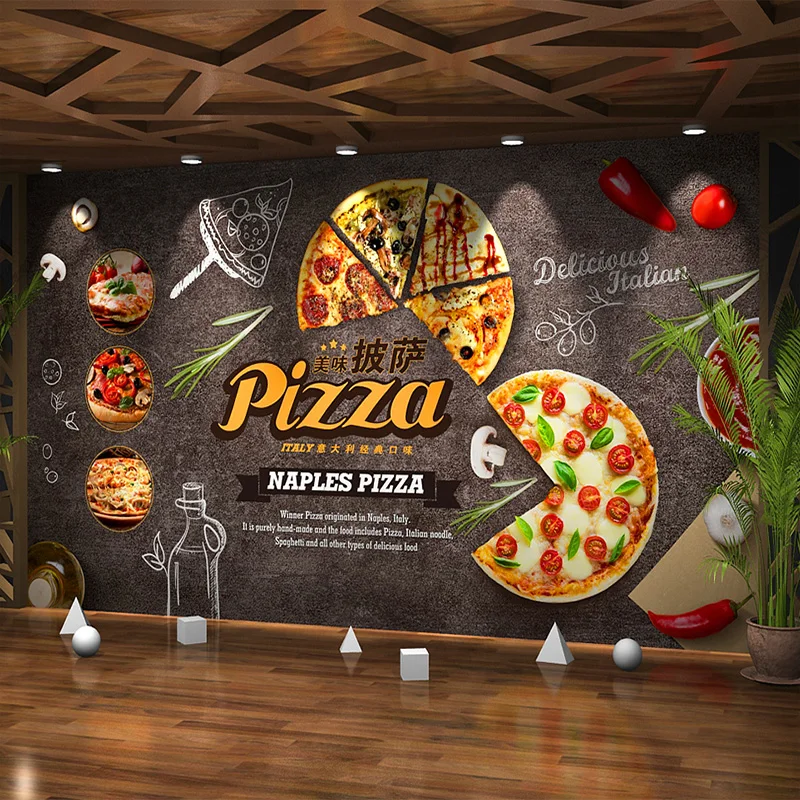 Customize Any Size Creative Atmosphere Food Cartoon Pizza Mural Wallpaper Cafe Restaurant Background Decorative Mural Paper 3d