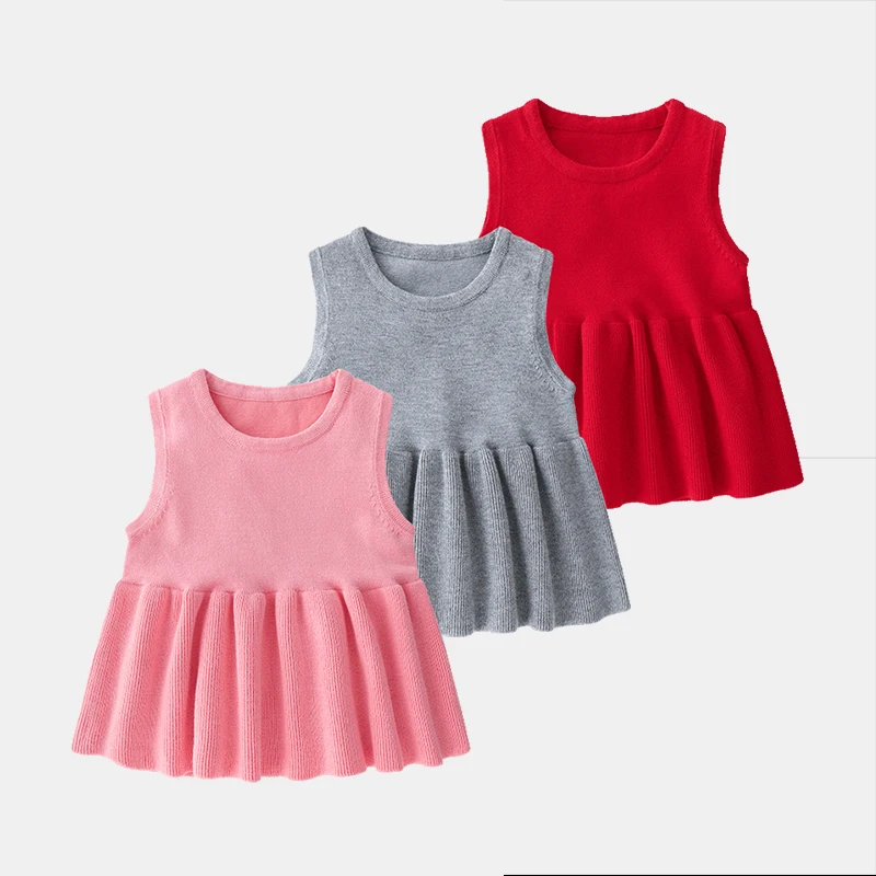 

Baby Infant Kids Knitted Vest Dress Spring Fall Little Girls Pleated Princess Sweater Dresses Children Foreign Trade Clothes B99