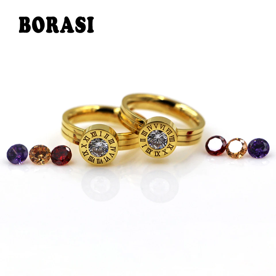 BORASI Roman Numerals Crystal Rings For Women Stainless Steel 4 Colour Stone Women\'s Ring Classic Gold Color Wedding Jewelry