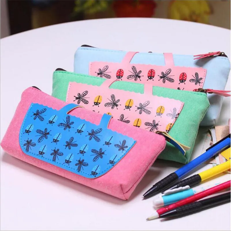 

1PCS Korean Stationery Pencil Case PU And Canvas Stitching Pencil Bag Students Supplies Stationery Box Office School