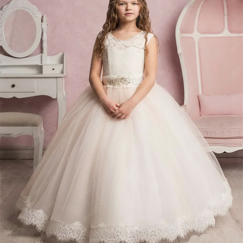 

White ivory Lace applique sleeveless Beaded belt Flower Girl Dresses for Weddings Girls First Communion Pageant Dresses