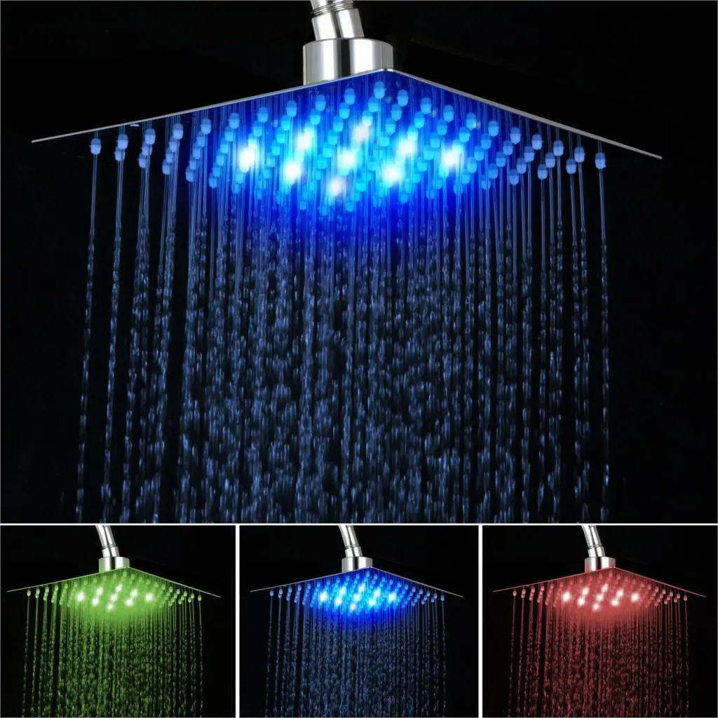 KEMAIDI Pure Black LED Bathroom Rainfall shower Faucet Sets 3 Size Ultra-thin Shower head Round Wall Mounted  & hand Shower Sets