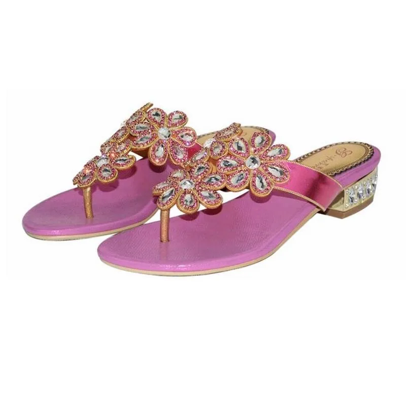 

big size 34-44 women 2018 low heeled flip flops flat ladies sandals crystal luxury rhinestone flowers woman summer casual shoes