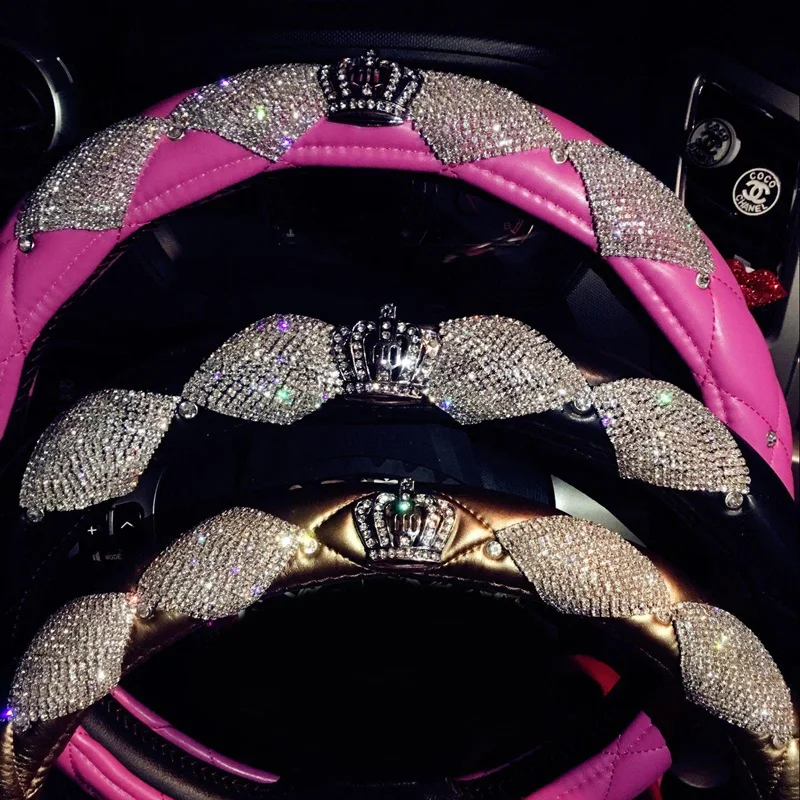 Luxury Crystal Crown Leather Car Steering Wheel Covers with Bling Bling Rhinestones for Girls Universal Car Interior Accessories