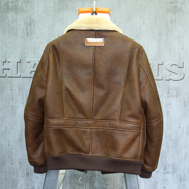 Men's Shearling Jacket Short Leather Jacket Mans Brown Sheepskin Aviator Fur Coat Lambs Fur Outerwear Flight Jacket