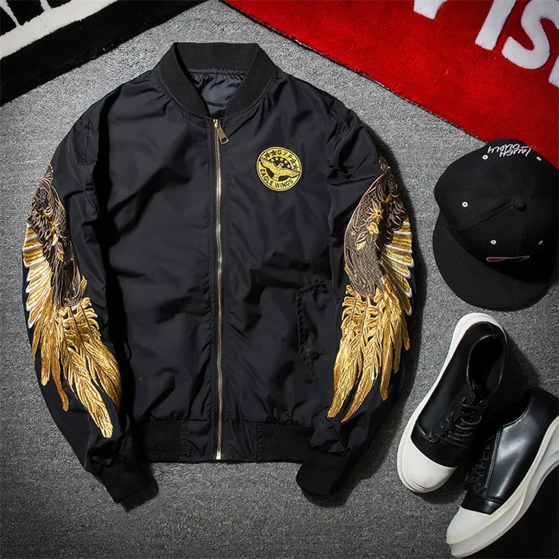 Men\'s Spring Hip Hop Jackets Gold Wings Embroidery Bomber Jacket Men Streetwear Brand Clothes Casual Outwear Coat Black WE325