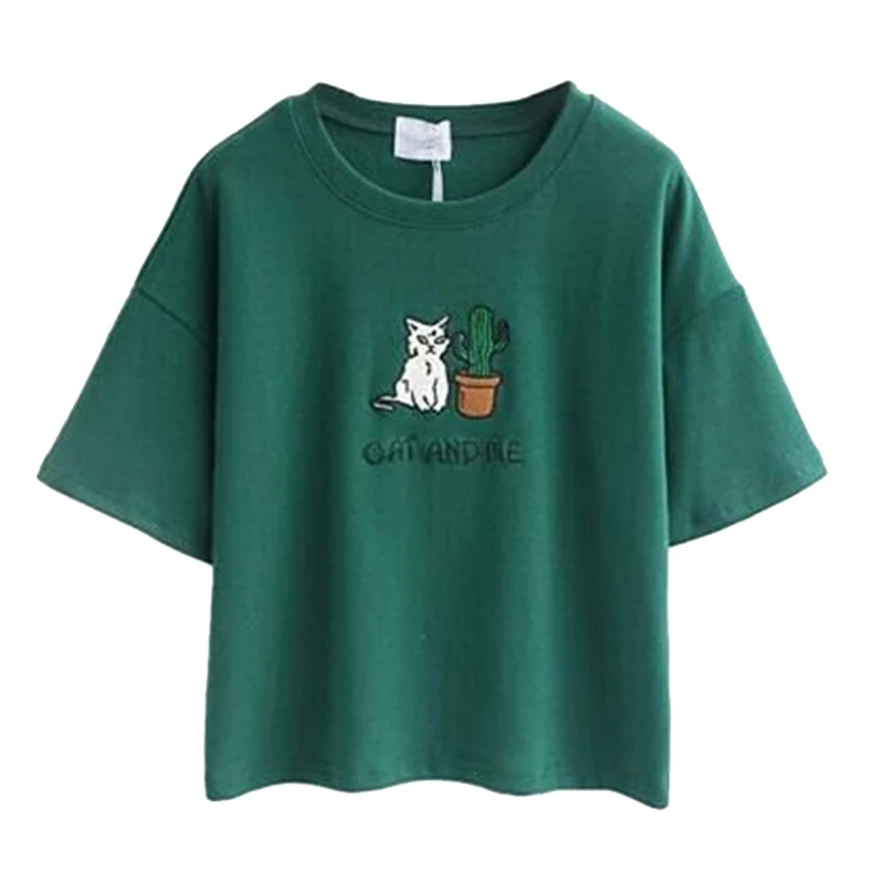 2021 Summer Cotton Short Sleeved Crop Top T-shirt Femme Embroidered Cat T Shirts Cartoon Women Fashion Cactus Top Tee T Shirt