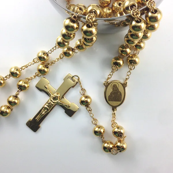 Fashion Jewelry Stainless Steel Rosary Necklace, Virgin Cross Of Jesus Pendant Necklaces , Heavy Gold Color Hip hop Men Jewelry