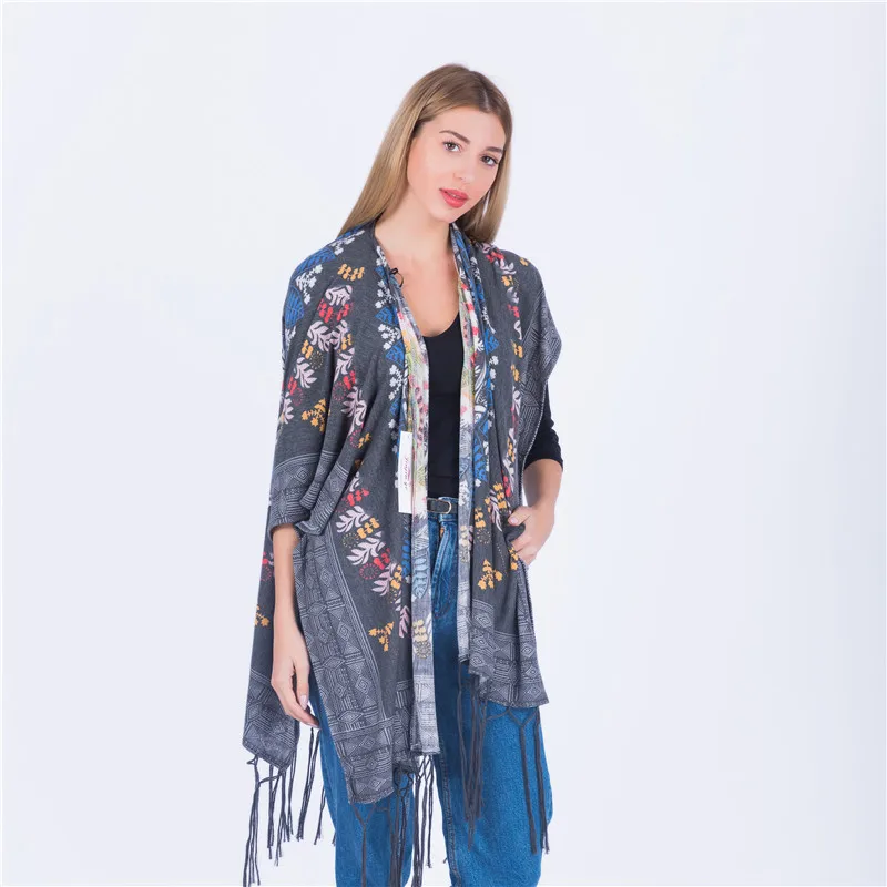 Jinjin.QC 2019 New womens Floral Print Poncho Fashion Women Scarf Polyester Scarves And Wraps Lady Pashmina Kimono With Tassel