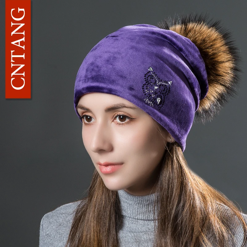 CNANG 2024 Owl Rhinestones Hats For Women Winter Warm Plus Velvet Fashion Caps With Natural Fur Pompoms Female Skullies Beanies