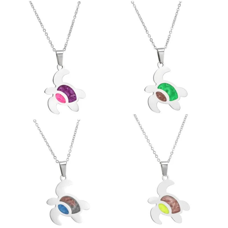 

2019 Fashion Colorful Turtle Pendant Necklaces For Women Men Stainless Steel Opal Jewelry Cute Sea Turtle Animal Necklace Gift