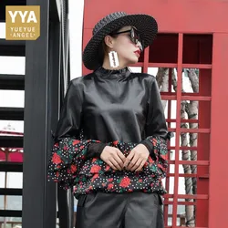 Women New Slim Fit Sheep Leather Overcoat Stand Collar  Fashion Patchwork Chiffon Shirt  Long Sleeve Sheepskin Jackert