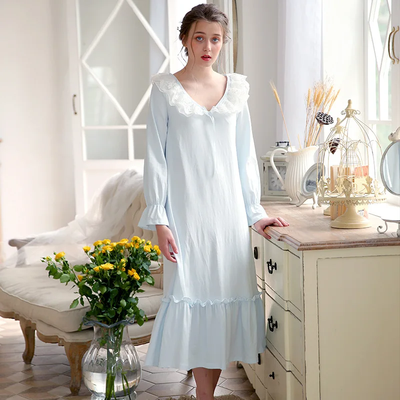 Women Pure Cotton Nightgown Female Princess Royal Long Sleeve Night Dress Lace Lady Lovely Home Dress Korean Sleep Wear 1812185