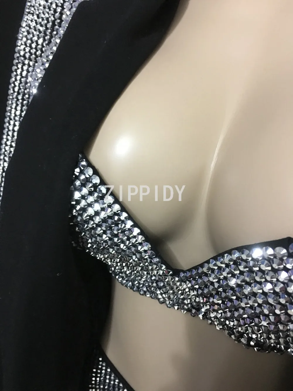 Ensemble Sexy pour femmes, tenue de soirée anniversaire, bar, tenue de scène noire, avec des strass argentés scintillants, soutien-gorge