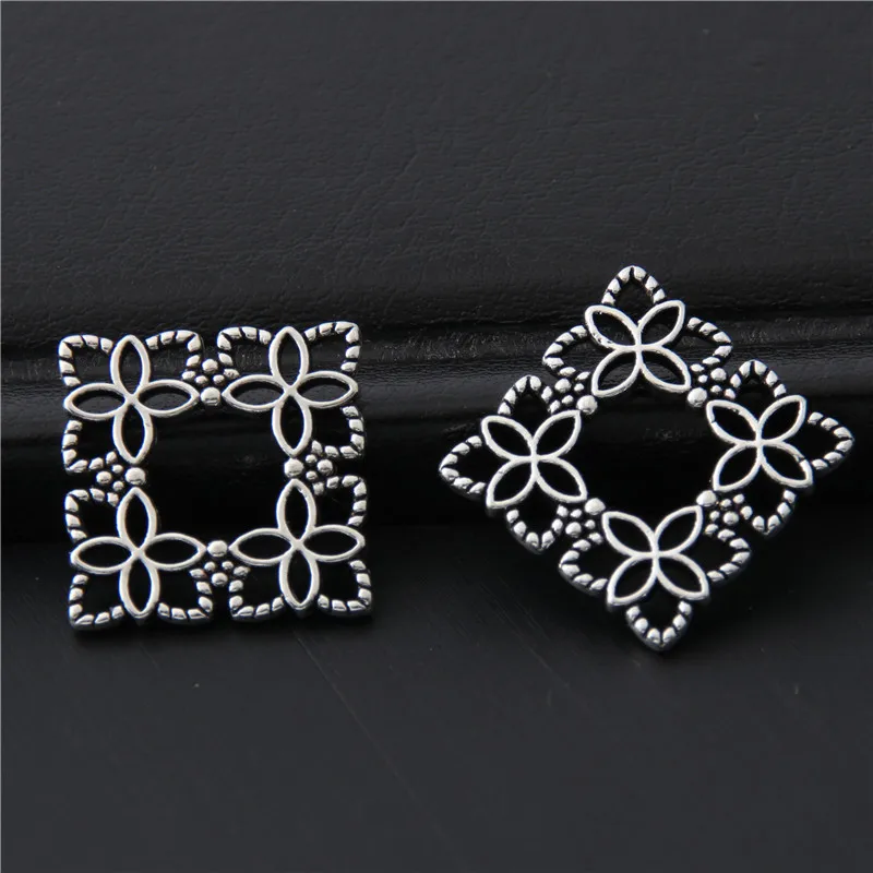 40pcs  Silver Color Little Mini Square Wreath Charms Nature Flower Pendant For Women  Finding Jewelry Accessories 16mm A3052