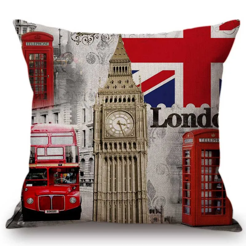 London Street View Big Ben Paris Eiffel Tower Colosseum Landmark Scenery Home Decorative Throw Pillow Stamps Style Cushion Cover