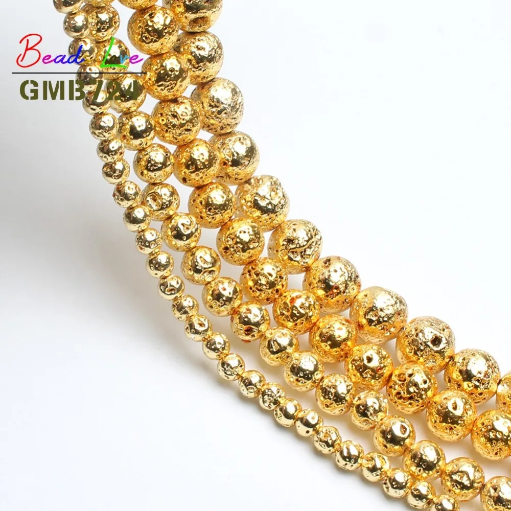 Wholesale Multicolor Plating Lava Stone volcanic rock Round Loose Beads for Jewelry Making DIY Bracelet Necklace 4 6 8 10mm 15\'\'