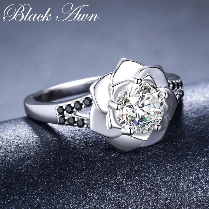 Flower 2024 New Romantic Silver Color fashion jewelry Engagement Black Spinel Engagement  Ring for Women Anillos Mujer G073