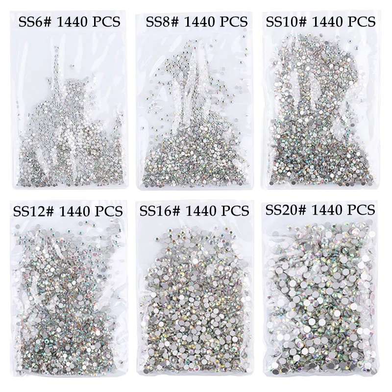 1440 Pieces Flat Bottom 3D AB White Non HotFix Nail Diamonds DIY Rhinestones Crystal Nail Art Decorations Accessories 13 Kinds