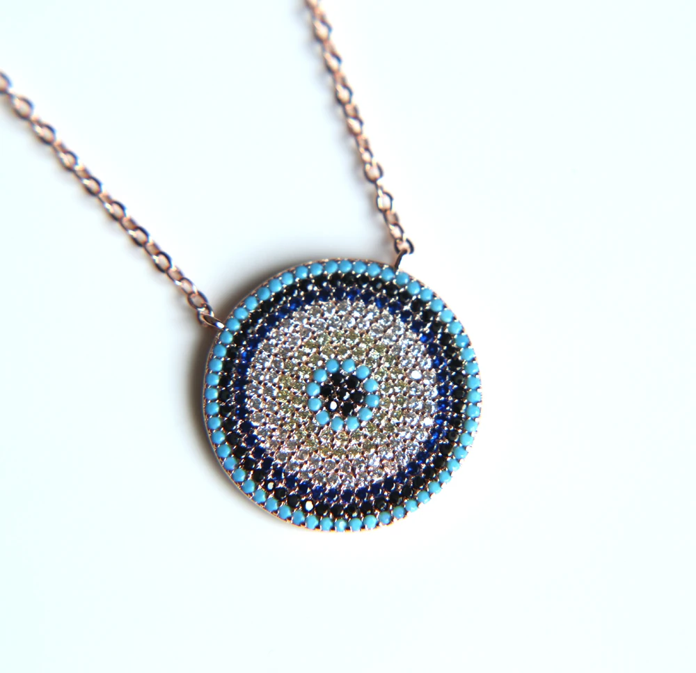 NEW Authentic turquoises turkish evil eye round fashion trendy girl lady micro pave cz fashion necklace