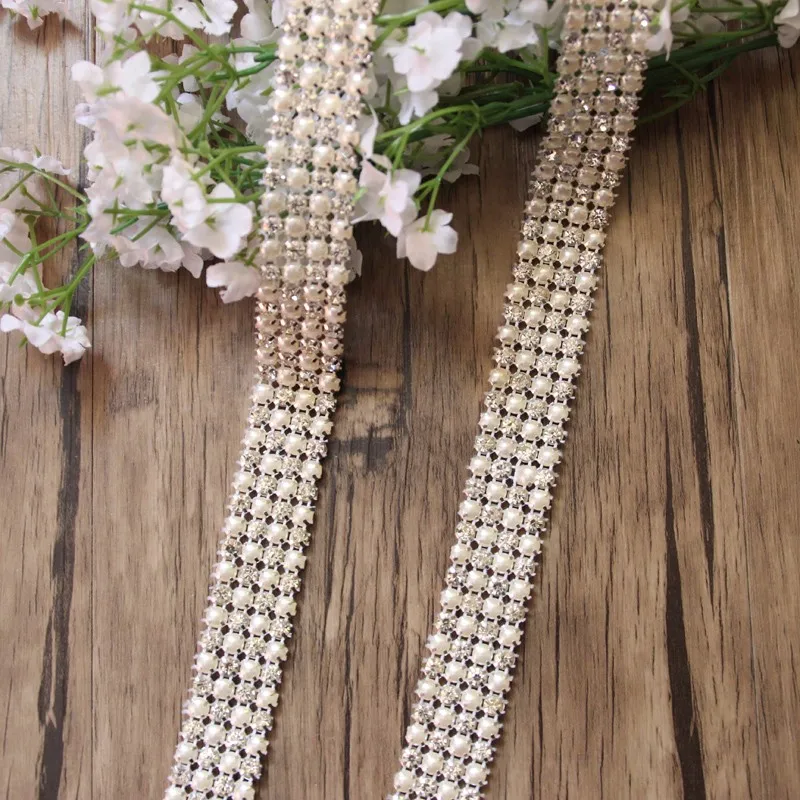 Free Shipping 10yards 4rows Crystal Rhinestone&Pearl Mesh Trim, Rhinestone Applique,Wedding Applique,Rhinestone Chain LSRT12192