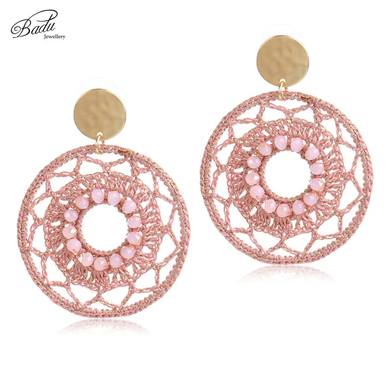 Badu Big Statement Round Crochet Earrings for Women Hollowing Crochet Drops Retro Dangle Earring Gift for Christmas Jewelry