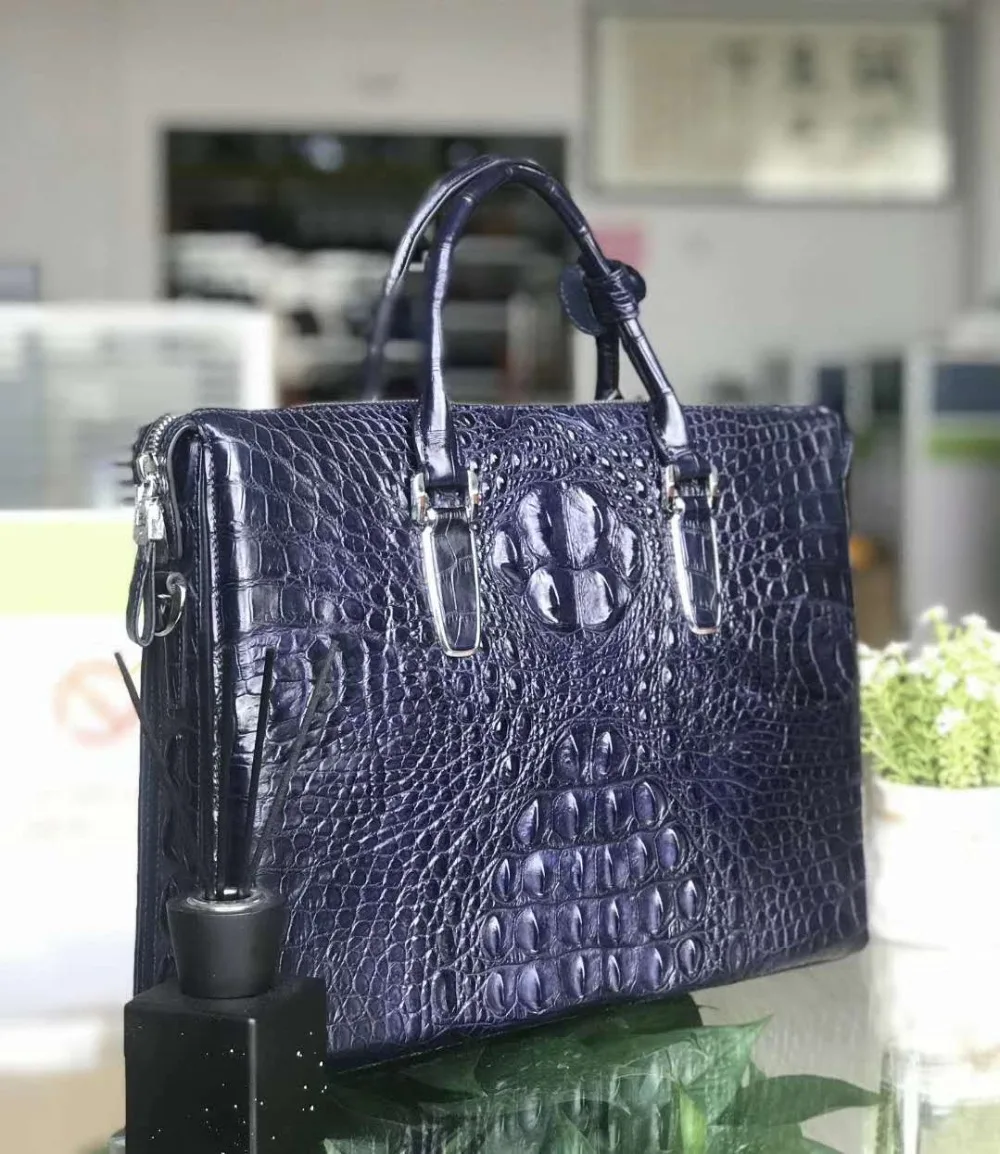 Mallette d'affaires en cuir de tête de crocodile véritable pour hommes, sac pour ordinateur portable, sac officiel, couleur bleue, livraison gratuite, 100%