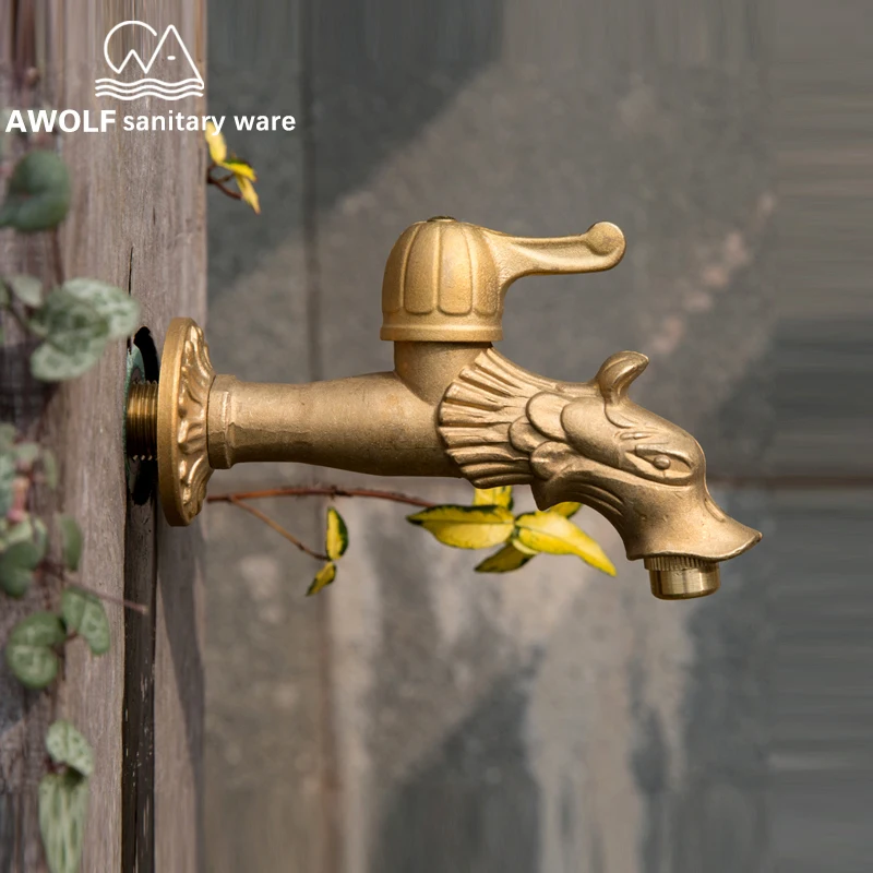 Outdoor Garden Faucet Lengthen Mop Pool Tap Antique Countryside Dragon Shape Art Cold Water Wall Mounted Washer Faucet AF6143