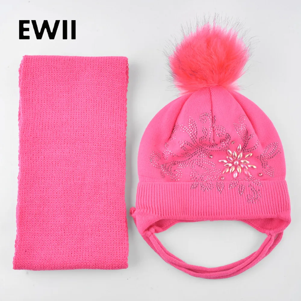 

Pearls knitted beanie winter hats for girls faux fur pompom cap kids scarf set caps children warm ear flap hat chapeu bone