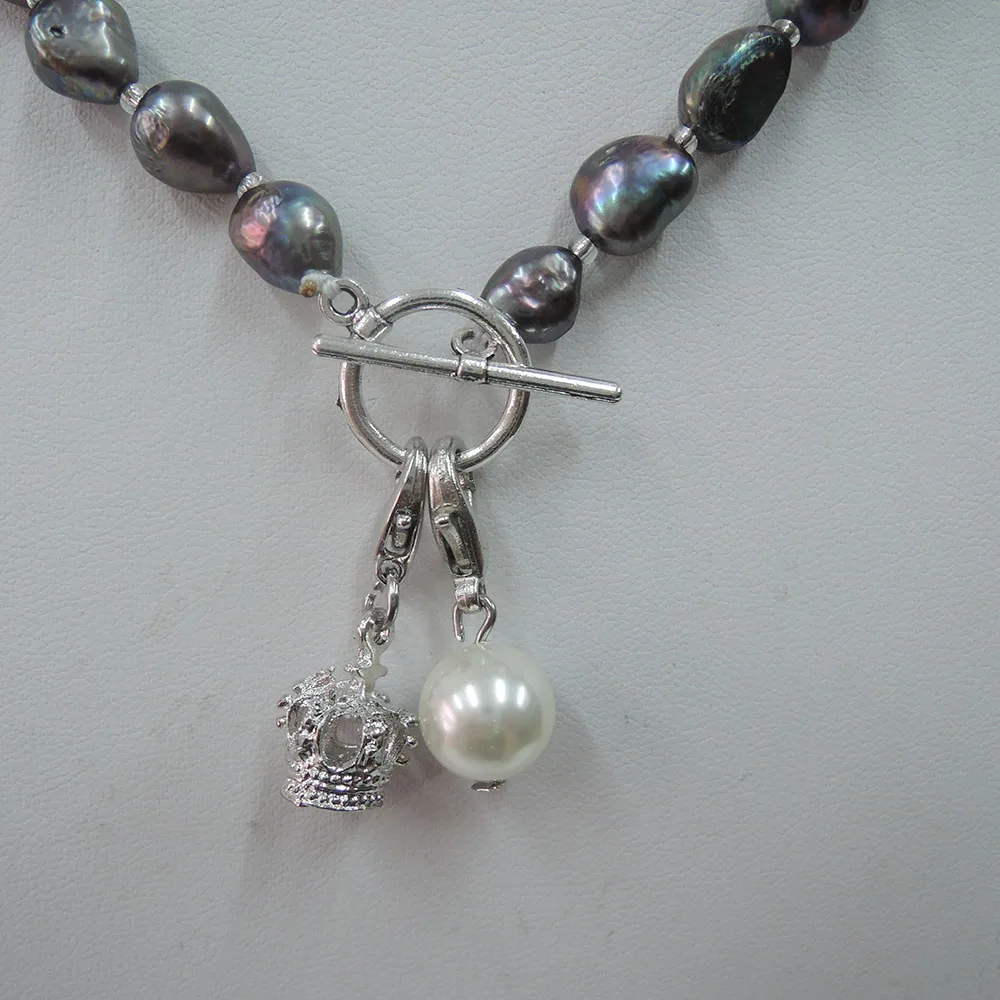 100% NATURE FRESHWATER PEARL NECKLACE WITH NICE Crown or Eiffel tower pendant .black baroque pearl