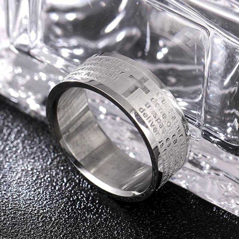 English Titanium Steel Christian Cross Bible Ring for Men and Women Personalized Ring Customize Ring Engraved Ring