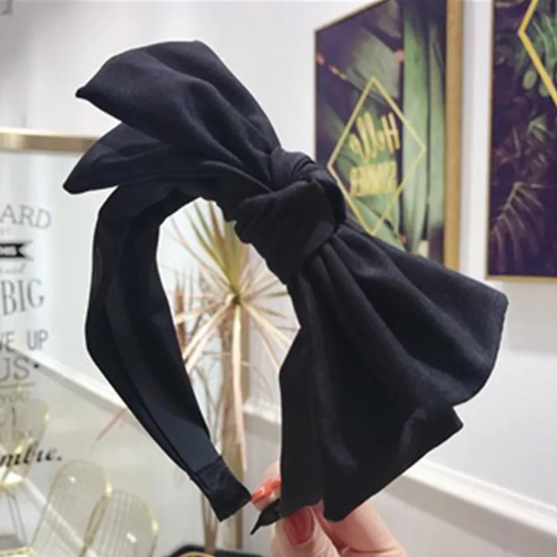 Black Big Bowknot Headband Women Double Layers Bow Knotted Hairband Toothed Not Slip Solid Color Fabric Head Band Adults