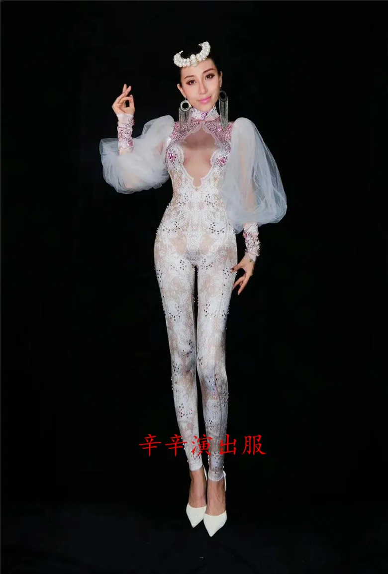 Ds White Lace Nude Rhinestone Jumpsuit Female Singer Sexy Stage Wear Bodysuit One-piece Costume Glisten Stones Stretch Outfit