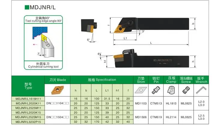 Angle 93 MDJNR1616H11 MDJNR2020K11 MDJNR2525M11 MDJNR2020K15 MDJNR2525M15 MDJNR3232P15 MDJNL the Right/Left CNC Turning tools