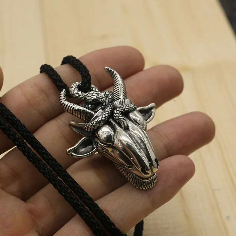 

Handmade Custom Evil Satan Sheep Head S925 Sterling Silver Men's Sweater Chain Big Retro Thai Silver Pendant