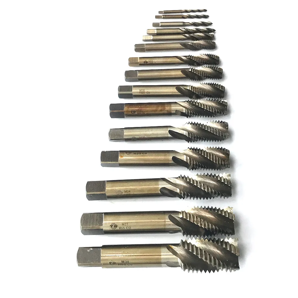 HSSM35 Co5% CNC Made 15PCS Set Spiral Flute Machine Screw Taps M3-M30 for Machine Threading SS Workpieces Inner Threads