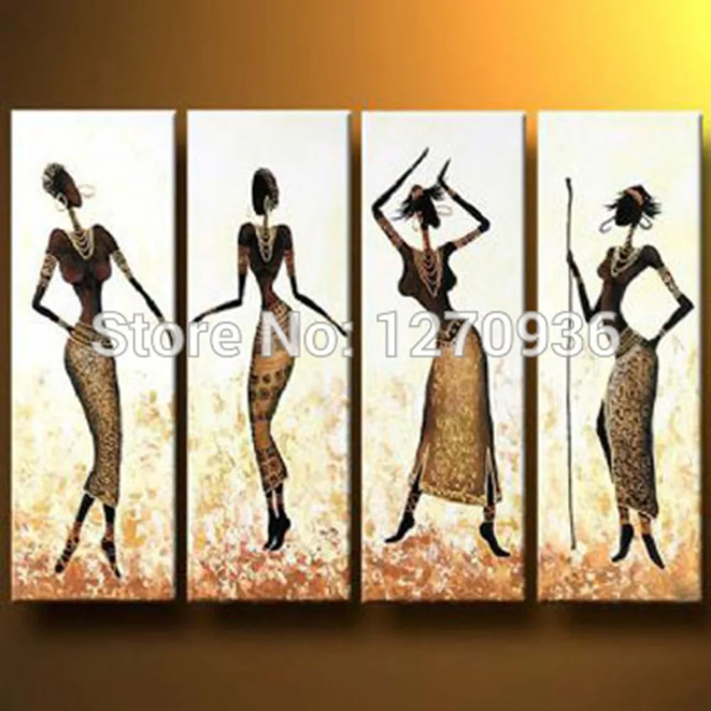 Pretty Sexy Beautiful Four Women is Dancing with Slim Yellow Skirt 100% Handmade African Women Figure Oil Painting On Canvas