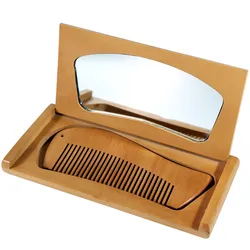 Wood comb Mirror Gift Box Packing Mushu folding mirror small wooden comb portable Mirror Comb Women Makeup Anti-static New Brand
