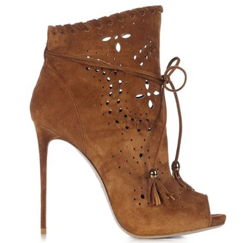 

Sexy Ladies Suede Floral Carved Out Bandage Ankle Boots Stiletto High Heel Peep toe Female Gladiator Tassel Bottines Woman