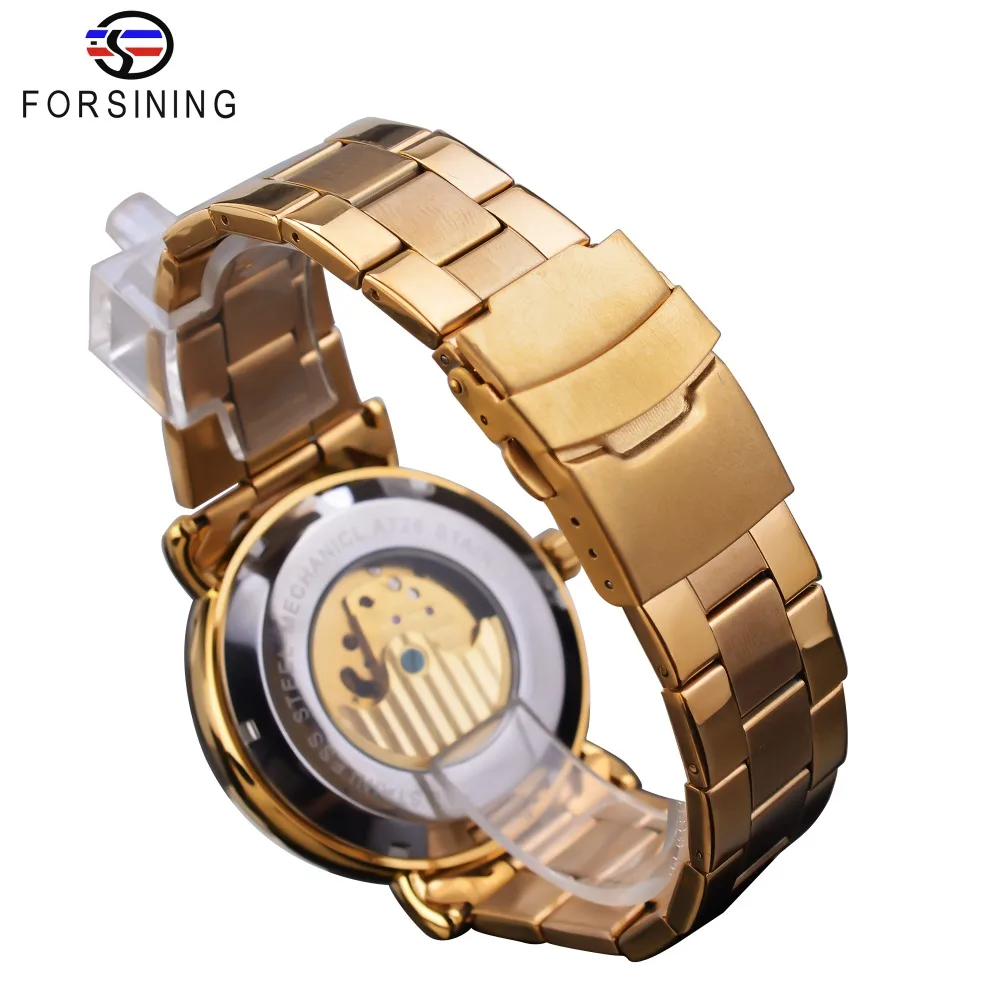 Forsining Mens Skeleton Automatic Mechanical Watch Golden Vintage Moon Phase Steel Male Wristwatch Top Brand Luxury Montre Homme