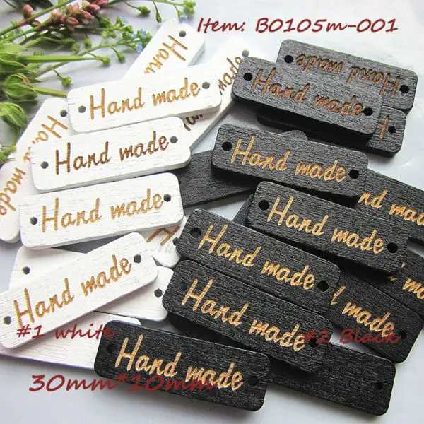 144pcs White / Black Handmade wood signs 30mm*10mm Rectangle laser letter 'handmade' buttons for diy craft accessories wholesale