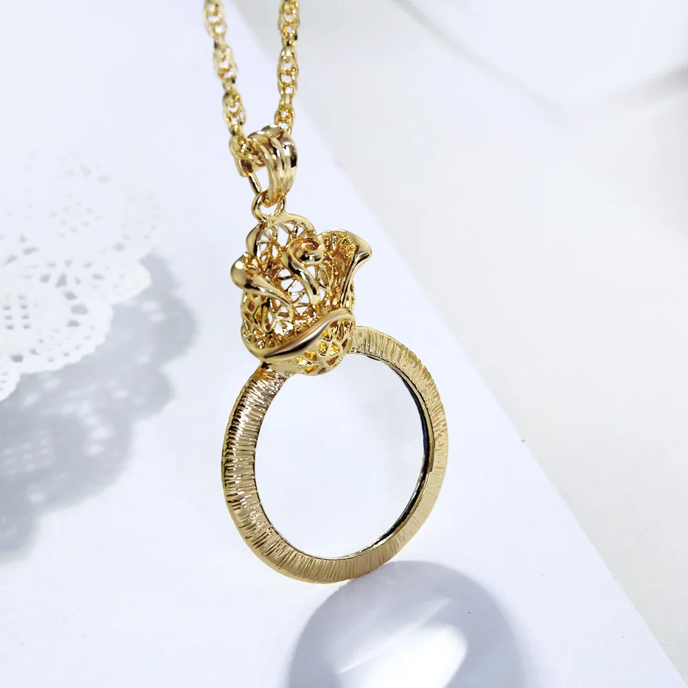 DreamCarnival 1989 Long Chain Necklace Women Collares Rose Flower Magnifying Glass Pendant Gift Parents Reading Best Sell P-009