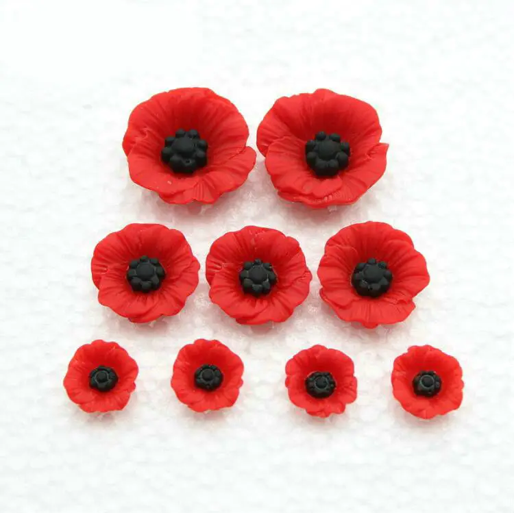 200pcs Chic Resin Poppy Flower Cabochon Flat Back Artificial Red Flower Beads Miniature Poppy Flower Jewelry Accessory 12mm