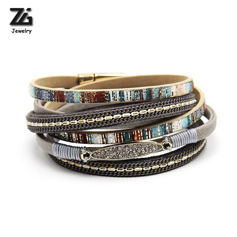 ZG  Fashion High Quality Bracelets for Women Leather With Gold Color Rhinestone Long Wrap Magnetic Buckle Bangle Female Jewelry