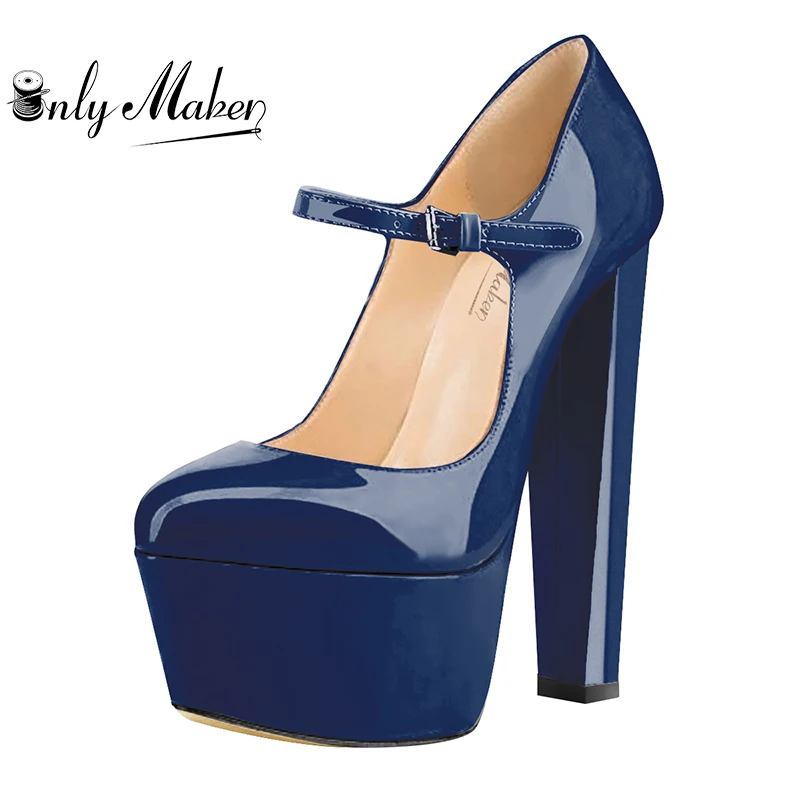 Onlymaker Women Platform Mary Janes Heeled Heels Wave Strap Ankle Strap Fashion Black Pumps