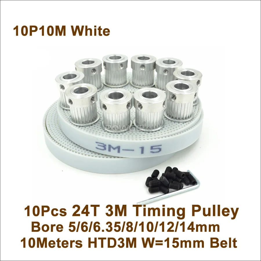 

POWGE 10pcs 24 Teeth 3M Timing Pulley Bore 5/6/6.35/8/10/12/14mm + 10meters W=15mm 3M PU Timing Belt 24T 24Teeth 3M Pulley 24-3M